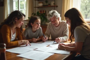 family reviewing home insurance policy coverage and exclusions together